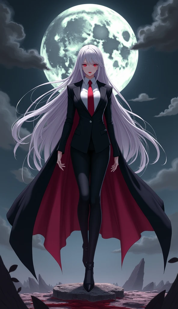 The woman vampire red eyes, long white hair, 

She wear the long black coat inside the black coat has carmine color, black suit, white shirt, red necktie, long black pencil skirt, black tights, black high heels.

black grey sky, fantastic night sky, moon, cartoon anime, 4K, HD