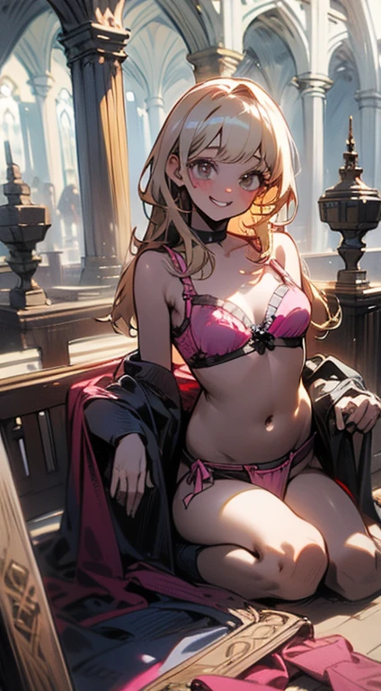 A high-quality realistic picture of a very beautiful skinny fit girl, (:1.6), (wearing a pink princess bra and a loincloth:1.3), full body view, in a cathedral. Very long blond wavy hair, detailed attractive face, cute happy smile