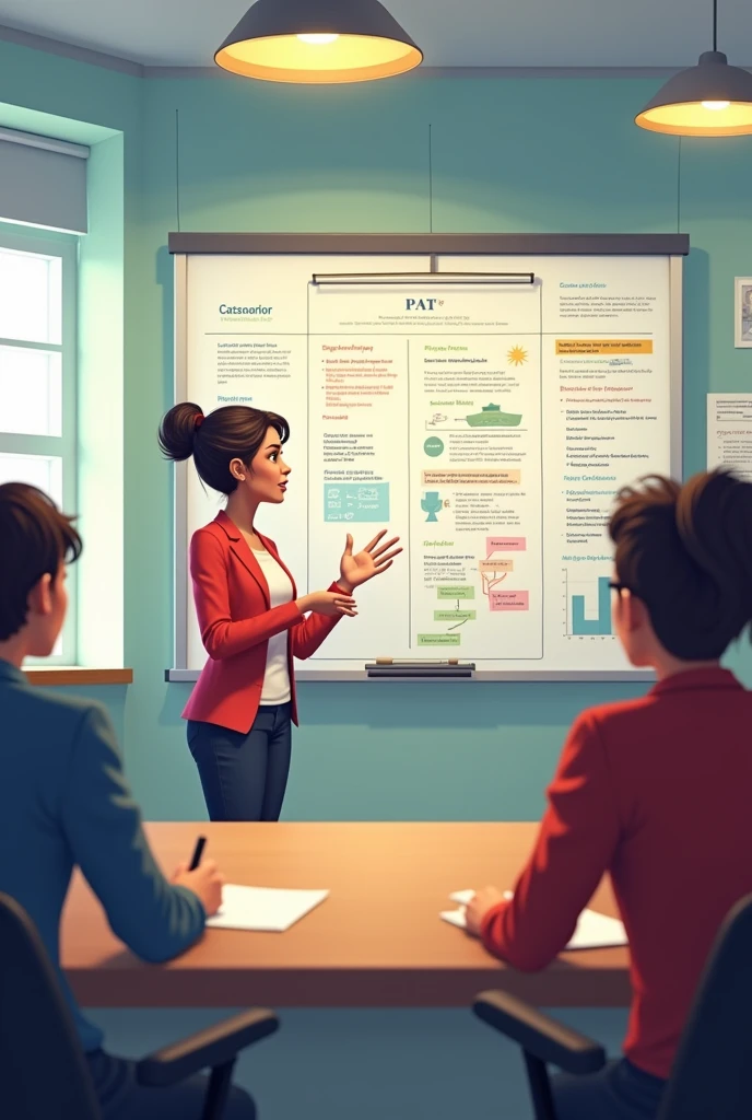 Could you create an image depicting a coordinator developing a PAT (Program Action Plan) that includes the programming proposals of the school board and teaching staff in a meeting?, but that the coordinator is on a whiteboard explaining the objectives and goals of the PAT