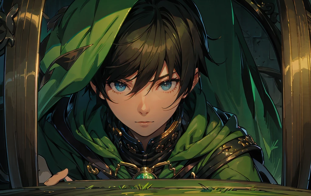 yuichiro hyakuya, (WithoutFear:1), 1 boy, black hair, green eyes, brown coat, gray armor, green shield, green cloak, dark brown gloves, town, white fur trim, tall, anime, standing, good quality, portrait, looking at viewer