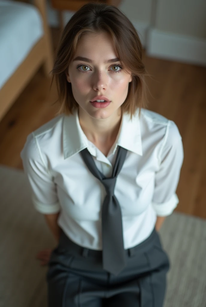 Close-up portrait photo from above of a slim pretty 18-year-old Caucasian woman. She has short light-brown hair. She has small breasts. She is wearing a tight white shirt. She is wearing a dark-grey tie. She is wearing a dark-grey pleated skirt. She is kneeling in a bedroom. She is looking up to the camera. Both hands are behind her back. Her mouth is slightly open.
