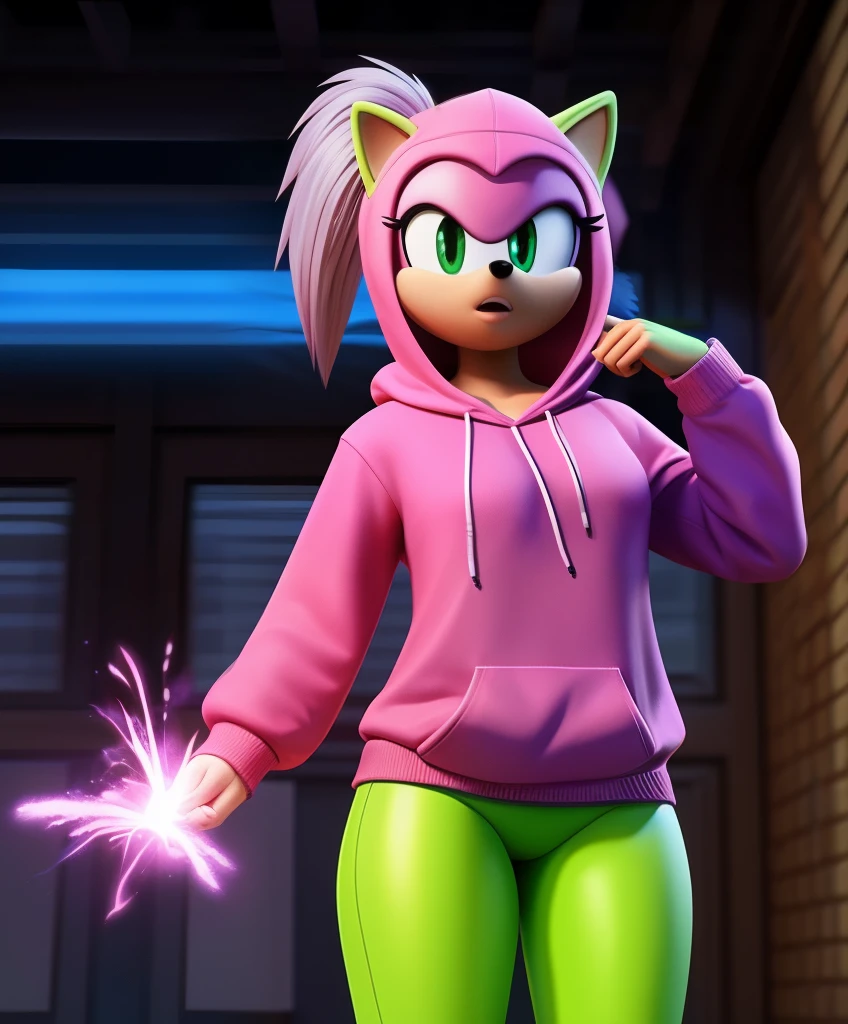 Green female hedgehog, pink hoodie ,no shoulders, pigtail hair, using candy powers, full body view, cgi live action