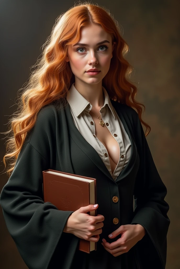 Hermione Granger in her Hogwarts uniform holding a book in her hand with very large breasts with the top buttons of her shirt open revealing her enormous breasts