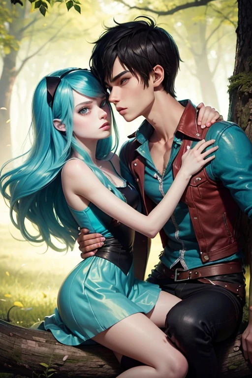area sitting on a tree branch kissing , I'm Marshall Lee and Fionna from Adventure Time , semi-realistic style