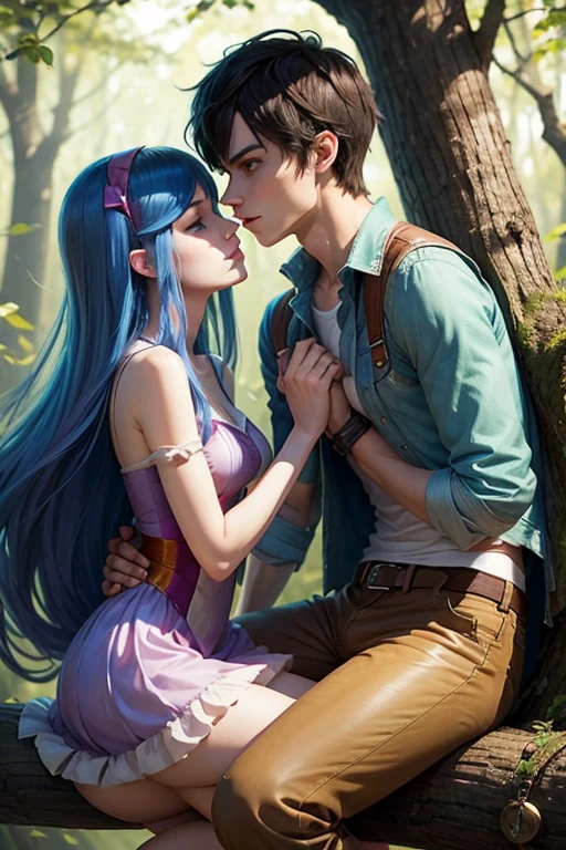 area sitting on a tree branch kissing , I'm Marshall Lee and Fionna from Adventure Time , semi-realistic style