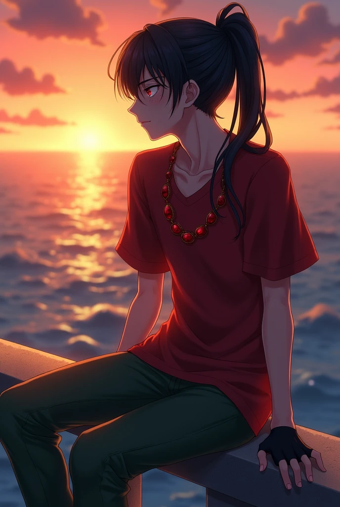 man with red eyes, Marked dark circles and a scar on his right cheek, with a ponytail that reaches her ears, black fur, a red t-shirt and green jeans, with black fingerless gloves, Wearing a necklace of red stones. Sitting on a railing, gaze at the sunset sea with a relaxed expression, As the golden light paints the horizon. Otome. ((Best Quality)) 