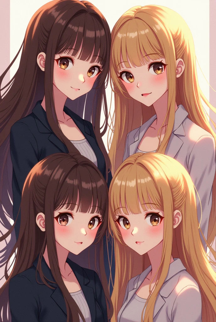 Make me an image where there are 4 girls, two brunettes but one with longer hair and two blondes but one with longer hair, idol.