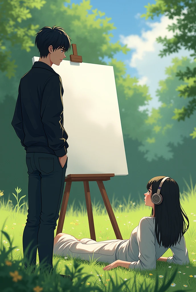 A tall teenager with medium-length black hair, dressed in black, and handsome by nature, painted a blank canvas. A girl lay in the grass, wearing headphones and listening to music.