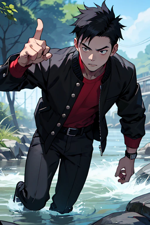 One boy, alone, Iris, Point pupils, Black Hair, short hair, gakuran, Black jacket,Red Shirt、Black Belt, Black trousers, bad、In the river、Legs spread in fighting pose,　Upper Body
