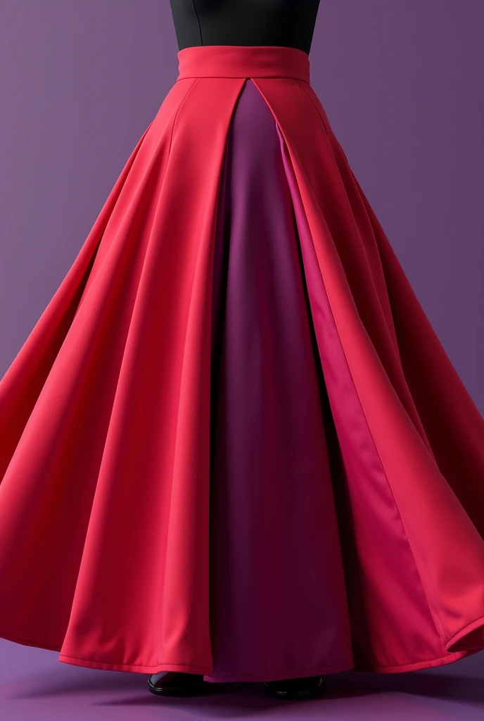 Create an image of a plain (no printing) flared skirt in red and purple.

