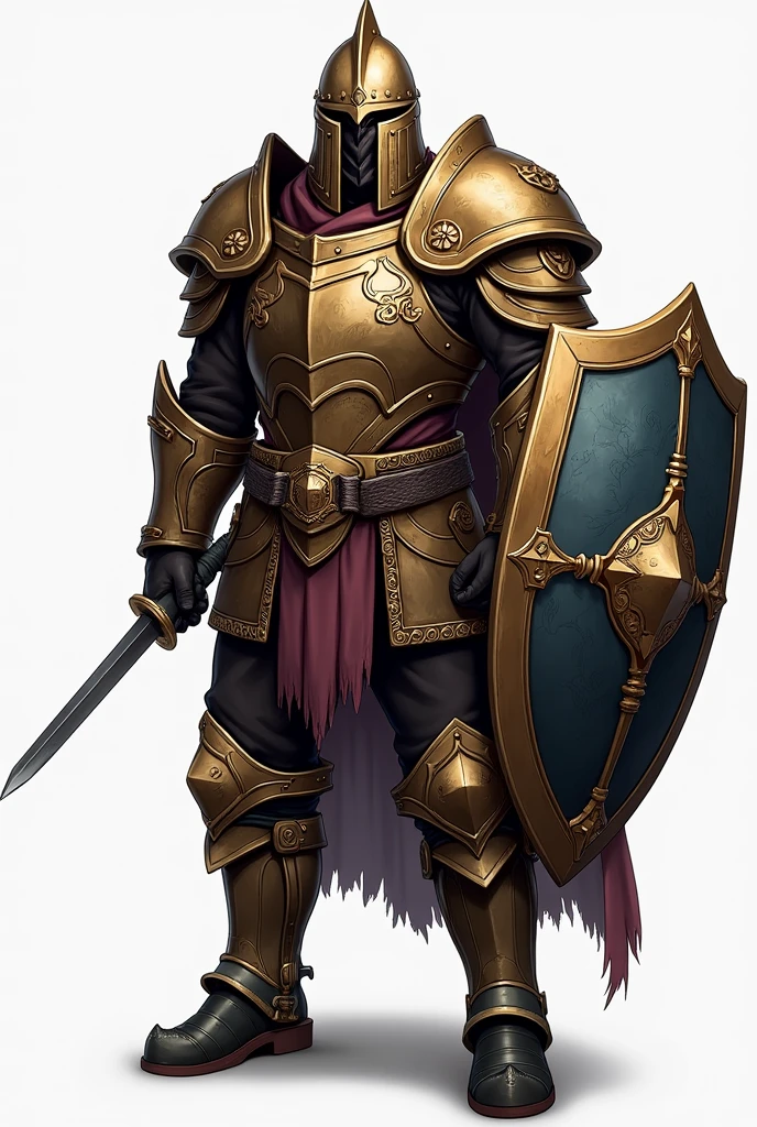 Create Helmet, armour, pants, Shield and Boot, based on the game Tibia, each item with size 64x64 pixels. The items need to be facing forward, not in profile., and separated.