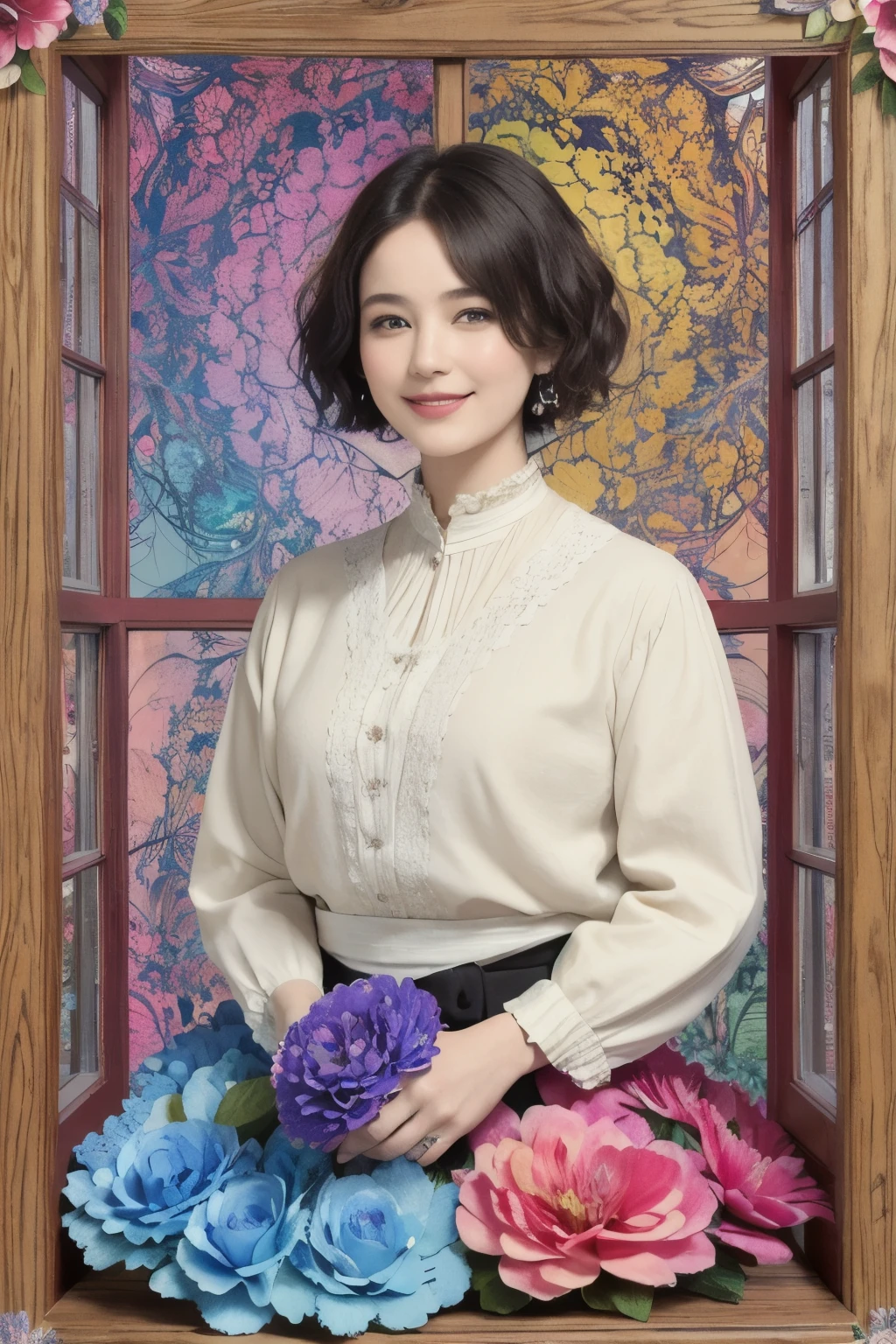 271 (20-year-old woman,short hair), (masterpiece, Highest quality, beautiful:1.2), Very detailed, (Fractal Art:1.1), (colorful:1.1), (flower:1.3), whole body, (Abstract background:1.3), (Many colors:1.4), (Old-fashioned smile), (window)
