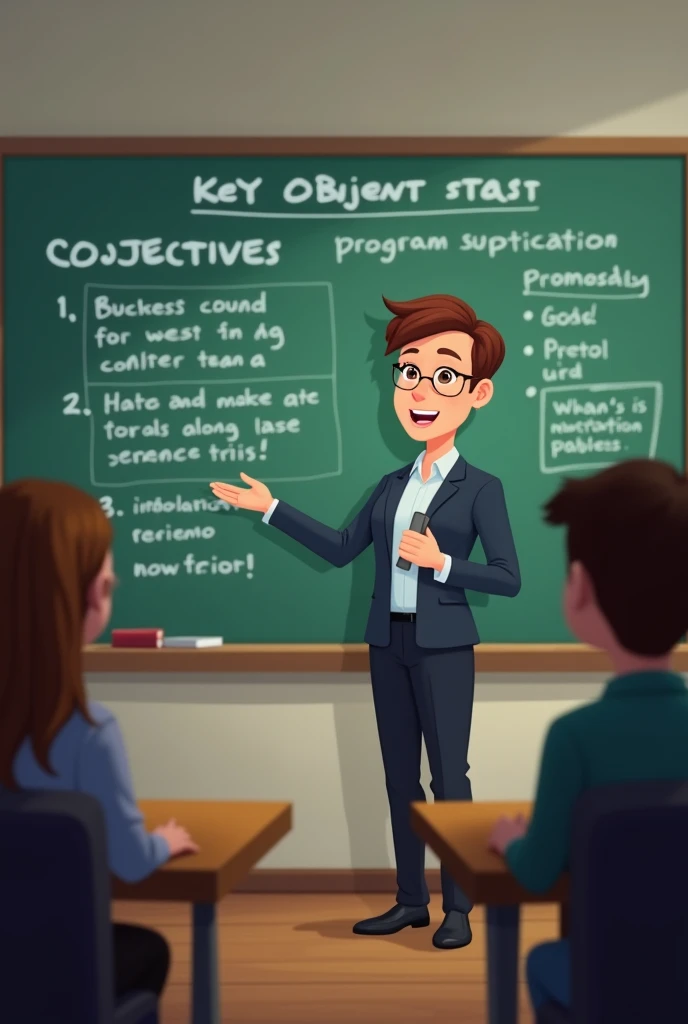 Could you make me an allusive image where a coordinator is preparing a PAT and in that PAT are the programming proposals of the school council and teaching team in a meeting?, but that the coordinator is on a blackboard explaining the objectives and goals of the PAT animated image 