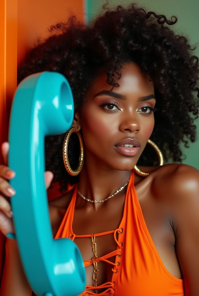 A close-up shot of a stylish woman with an alluring expression, holding a bright blue vintage telephone. She wears an orange lace-up top, large hoop earrings, and a golden septum ring. The vibrant colors and the retro vibes of the telephone contrast beautifully with her deep skin tone and curly hair, creating a stunning visual impact. The image is infused with a sense of bold fashion and nostalgia.

((close-up)), ((blue vintage telephone)), ((orange lace-up top)), ((large hoop earrings)), ((golden septum ring)), ((bold fashion)), ((retro vibes)), ((vibrant colors)), ((curly hair)), ((deep skin tone)) BREAK ((highres:1.5)), ((best quality:1.6)), ((fashion editorial:1.4)), ((dramatic lighting:1.3)).