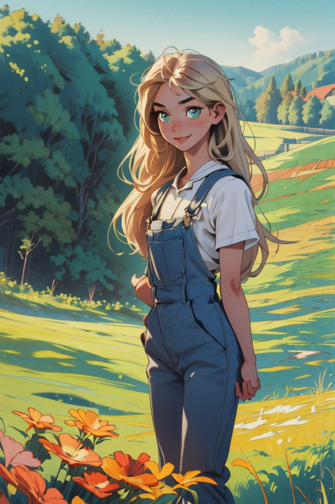 (masterpiece, best quality), female young adult, buoyant, maori, green eyes ,  round cheeks,   shapely hamstrings,   , sandy blonde long and straight hair, wearing bermuda overalls, babydoll, oxford shoes, , arm overhead pose, raising one arm overhead with a flirtatious smile, exuding elegance and allure, silhouettes, characters outlined against a bright background, evoking intimacy without explicit details, a picturesque countryside, with rolling hills, green meadows, and grazing animals 1girl, Looking at viewer, thin dainty sun kissed skin