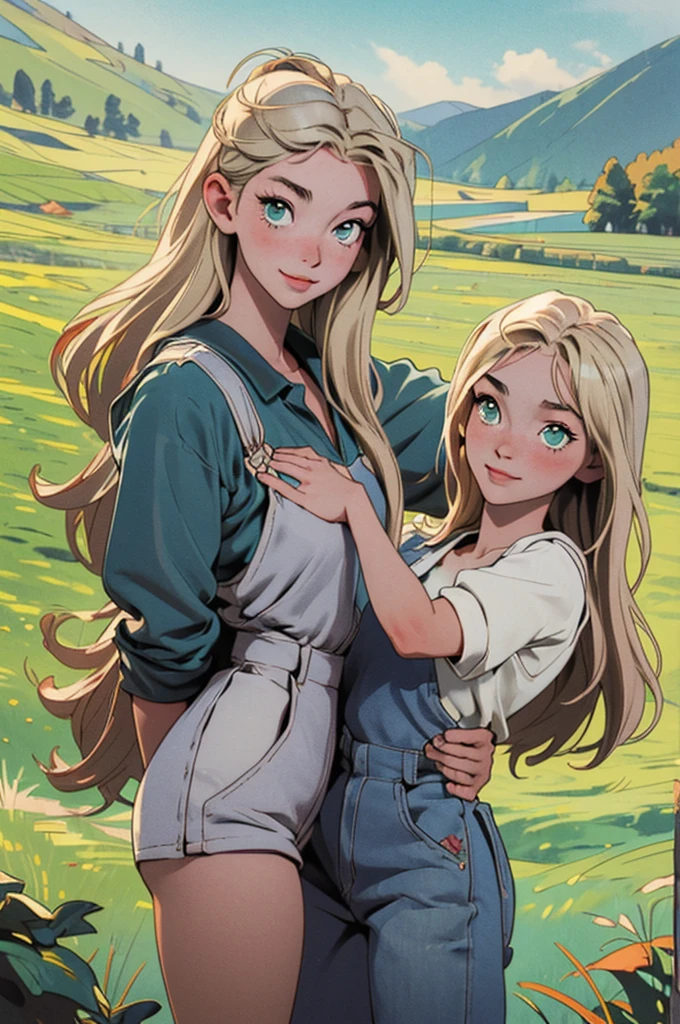 (masterpiece, best quality), female young adult, buoyant, maori, green eyes ,  round cheeks,   shapely hamstrings,   , sandy blonde long and straight hair, wearing bermuda overalls, babydoll, oxford shoes, , arm overhead pose, raising one arm overhead with a flirtatious smile, exuding elegance and allure, silhouettes, characters outlined against a bright background, evoking intimacy without explicit details, a picturesque countryside, with rolling hills, green meadows, and grazing animals 1girl, Looking at viewer, thin dainty sun kissed skin