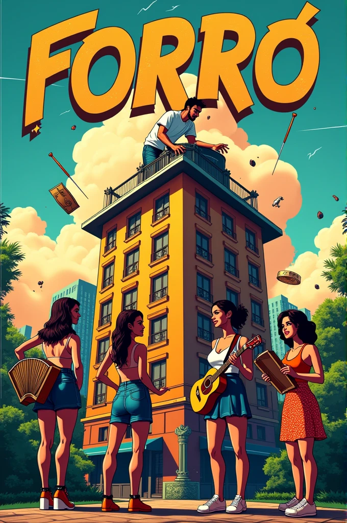 Forró flyer with a building in downtown São Paulo, with a DJ on top and a 4-member female forró band..with forró instruments in hand.
Flyer Information: 
Rua rego Freitas, 542
Matilha Cultural
Date 12/10
Schedule from 3 PM to 10 PM 