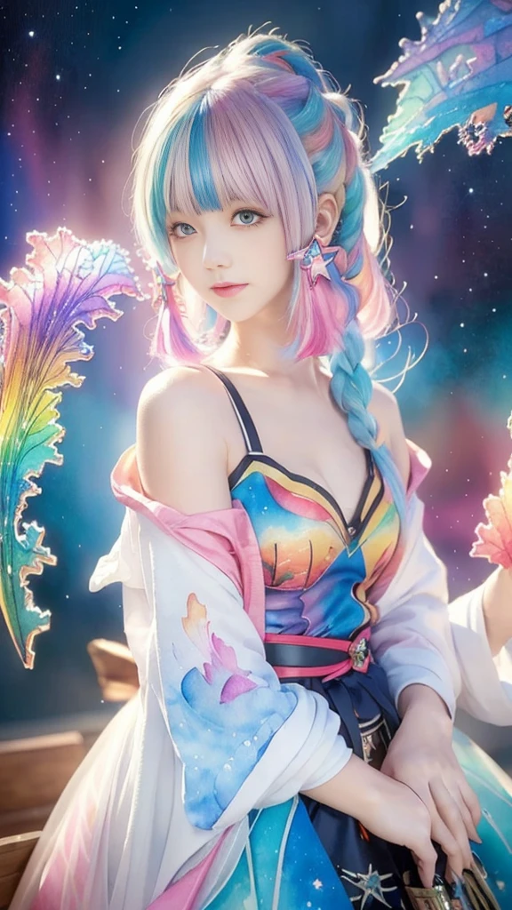 (masterpiece, Top quality, best quality,watercolor (Moderate),Official Art, beautiful and aesthetic:1.2),(1 Girl:1.3), (Fractal Art:1.3),Upper Body,, Looking at the audience,model,(Rainbow Hair,rich and colorful hair,Half blue half pink hair:1.2),water,liquid, cloud,rich and colorful, Starry Sky,Star,