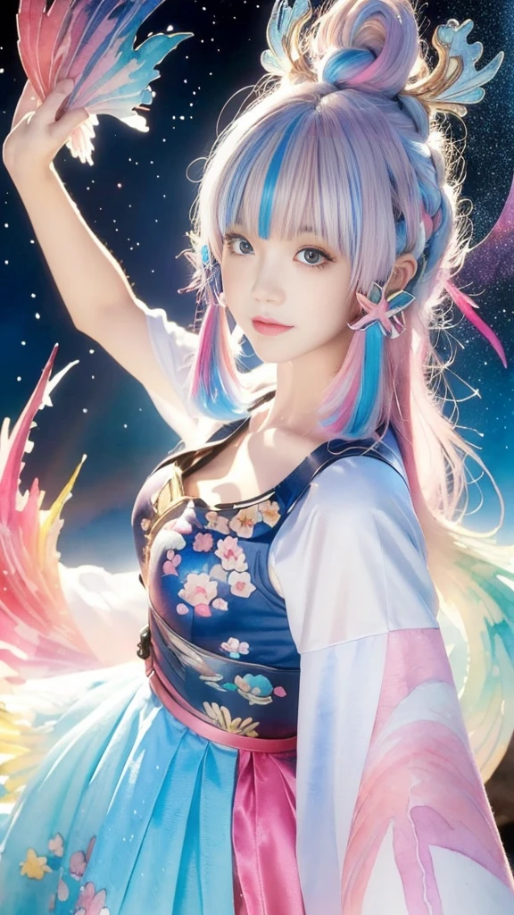 (masterpiece, Top quality, best quality,watercolor (Moderate),Official Art, beautiful and aesthetic:1.2),(1 Girl:1.3), (Fractal Art:1.3),Upper Body,, Looking at the audience,model,(Rainbow Hair,rich and colorful hair,Half blue half pink hair:1.2),water,liquid, cloud,rich and colorful, Starry Sky,Star,