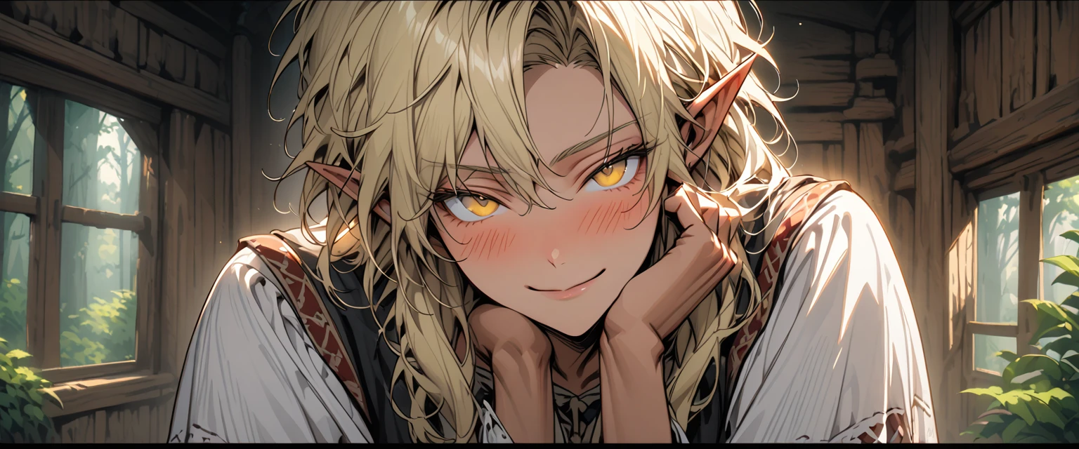 male:1.4, solo, slim waist, fit, long luscious blonde hair, yellow eyes, elf, light tan skin, clean shaven, blush, cabin indoors, forest, medieval clothes, young, feminine male, smile, shy pose, loose poet shirt, close up, casual pose, happy