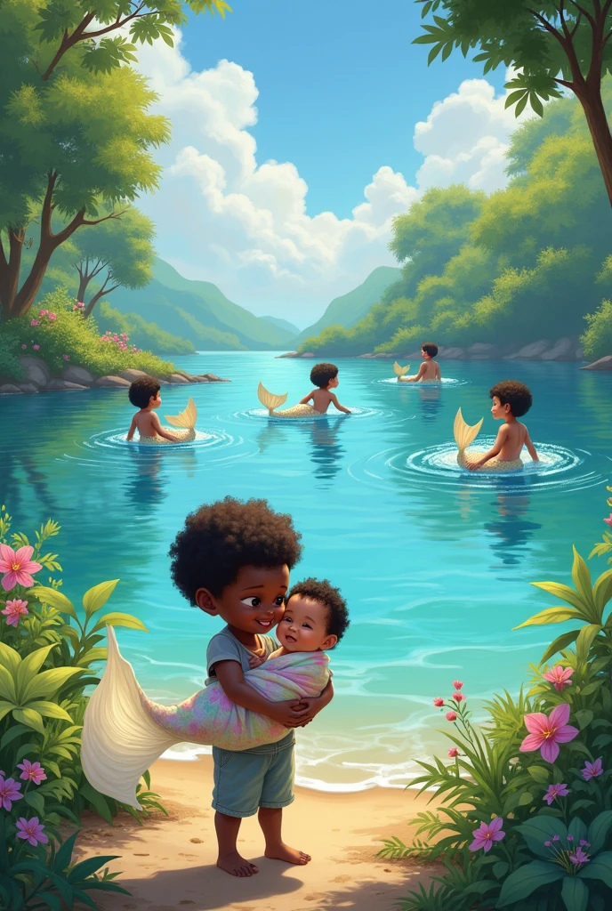 Create a drawing of a Black  holding an Asian baby,king towards a beautiful lake with mermaids.