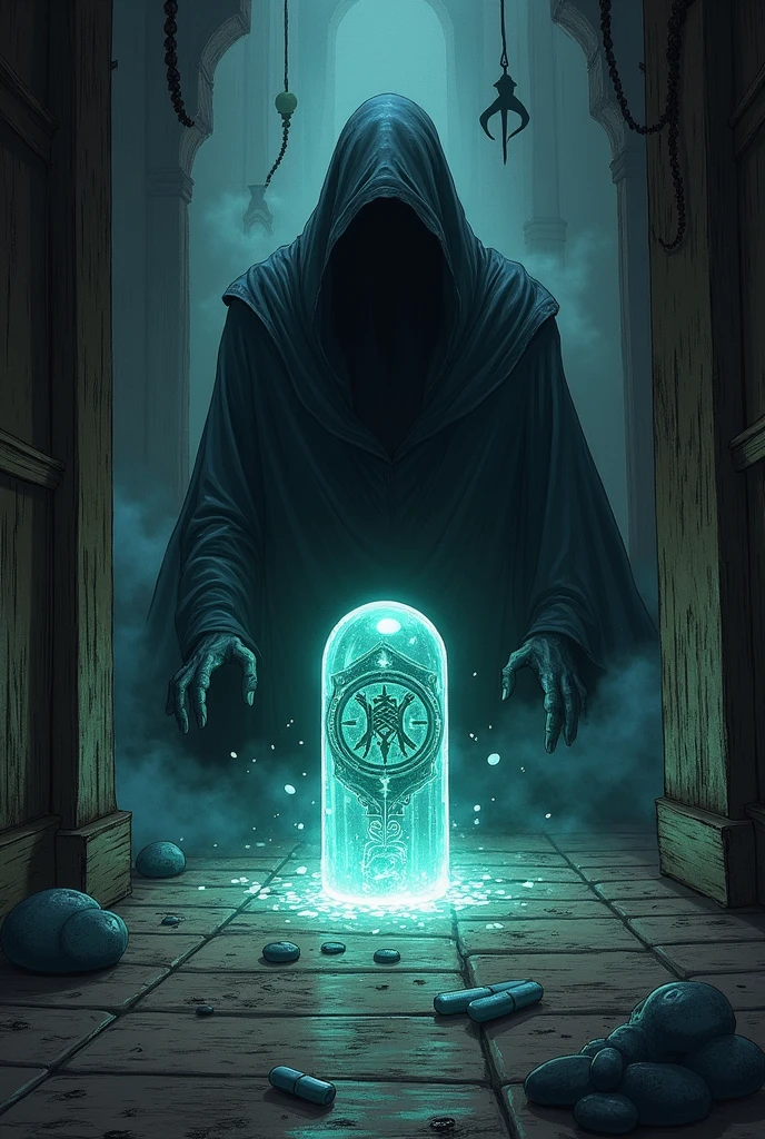 a capsule (medicine) magic does not let a dark entity leave a room drawn animation