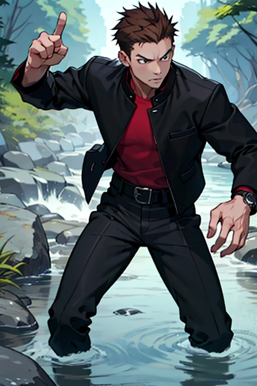 One boy, alone, Iris, Point pupils, Brown Hair, short hair, gakuran, Black jacket,Red Shirt、Black Belt, Black trousers, bad、In the river、Legs spread in fighting pose,　Upper Body