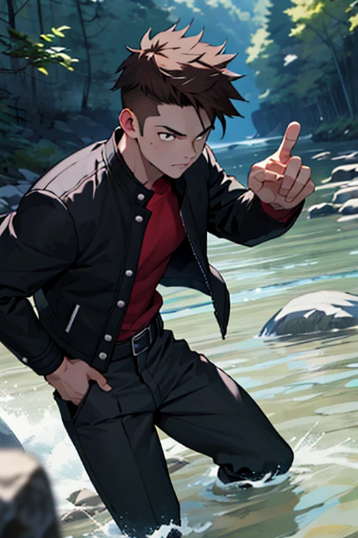 One boy, alone, Iris, Point pupils, Brown Hair, short hair, gakuran, Black jacket,Red Shirt、Black Belt, Black trousers, bad、In the river、Legs spread in fighting pose,　Upper Body