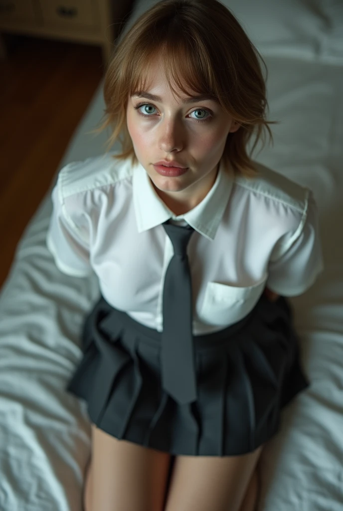 Close-up portrait photo from above of a slim pretty 18-year-old Caucasian woman. She has short light-brown hair. She has small breasts. She is wearing a tight white shirt. She is wearing a dark-grey tie. She is wearing a dark-grey pleated skirt. She is kneeling in a bedroom. She is looking up to the camera. Both hands are behind her back. Her mouth is slightly open. 