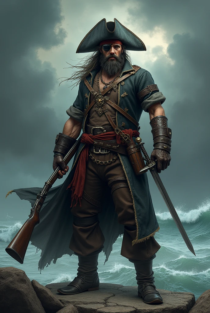Pirate man carrying a musket and a rapier sword, leave him without one of his arms