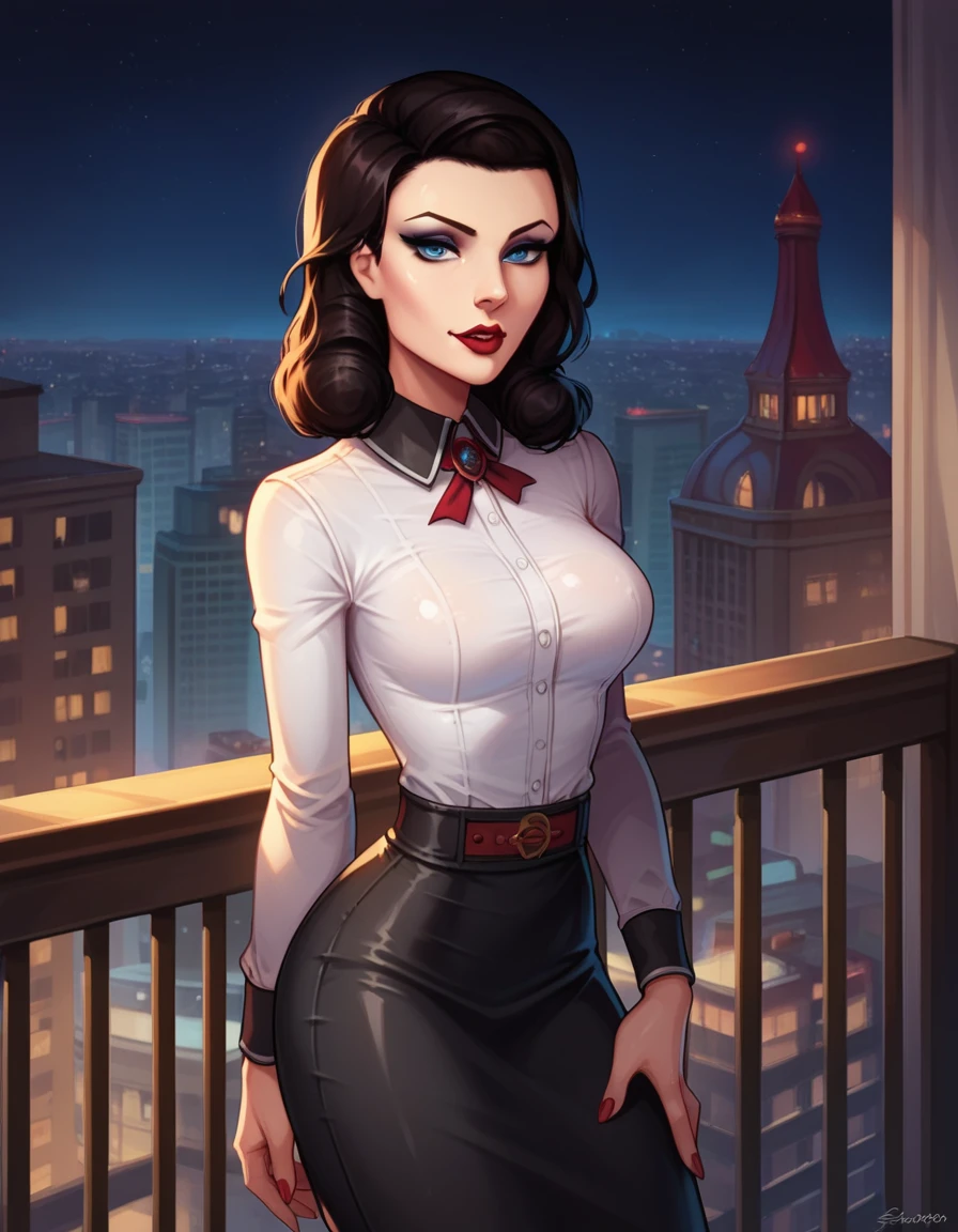 score_9, score_8_up, score_7_up,1girl,2d,blue eyes,solo,elizabeth comstock,burial at sea,white shirt,red belt,black skirt,standing,on balcony,leaning on railing,looking at viewer,eyeliner,(seductive),(night),looking at viewer,half-closed eyes,lipstick,shiny skin,black hair,(fair skin:0.6),straight hair,seductive,plump, (city background), 