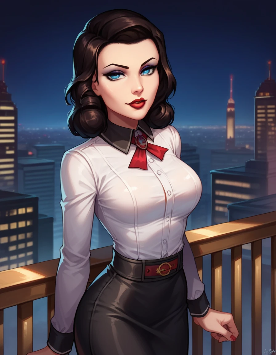 score_9, score_8_up, score_7_up,1girl,2d,blue eyes,solo,elizabeth comstock,burial at sea,white shirt,red belt,black skirt,standing,on balcony,leaning on railing,looking at viewer,eyeliner,(seductive),(night),looking at viewer,half-closed eyes,lipstick,shiny skin,black hair,(fair skin:0.6),straight hair,seductive,plump, (city background), 