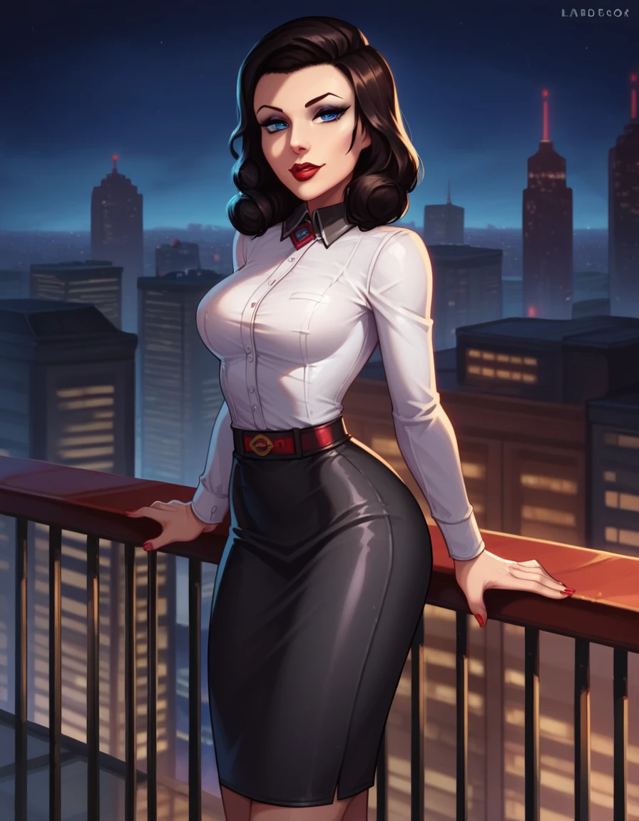 score_9, score_8_up, score_7_up,1girl,2d,blue eyes,solo,elizabeth comstock,burial at sea,white shirt,red belt,black skirt,standing,on balcony,leaning on railing,looking at viewer,eyeliner,(seductive),(night),looking at viewer,half-closed eyes,lipstick,shiny skin,black hair,(fair skin:0.6),straight hair,seductive,plump, (city background), 