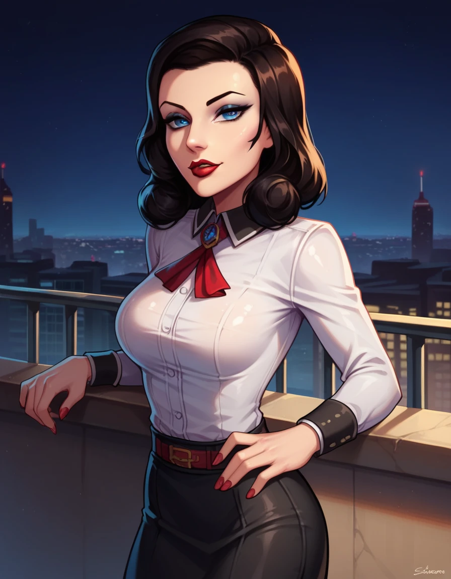 score_9, score_8_up, score_7_up,1girl,2d,blue eyes,solo,elizabeth comstock,burial at sea,white shirt,red belt,black skirt,standing,on balcony,leaning on railing,looking at viewer,eyeliner,(seductive),(night),looking at viewer,half-closed eyes,lipstick,shiny skin,black hair,(fair skin:0.6),straight hair,seductive,plump, (city background), 