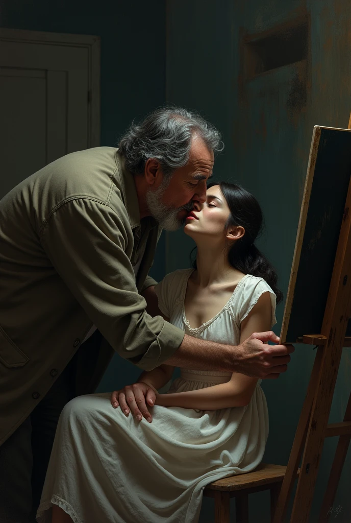 Image of an older man with black hair kissing a young girl on the mouth and embracing her from behind., while the young woman is painting