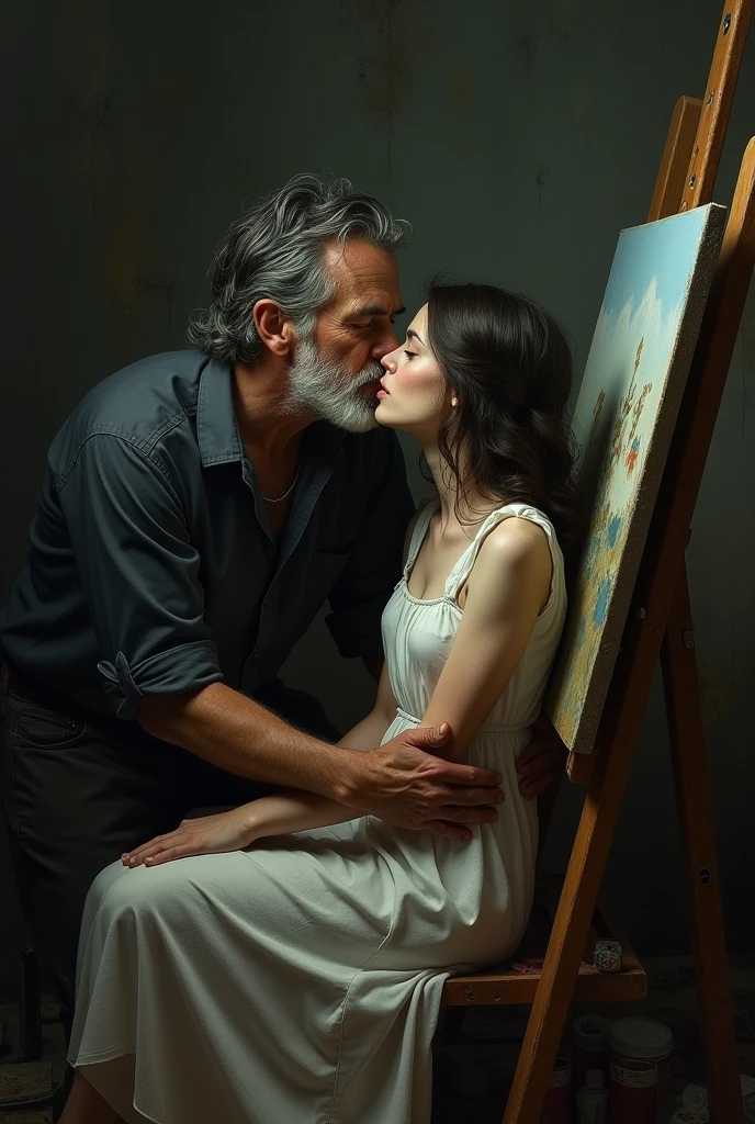 Image of an older man with black hair kissing a young girl on the mouth and embracing her from behind., while the young woman is painting