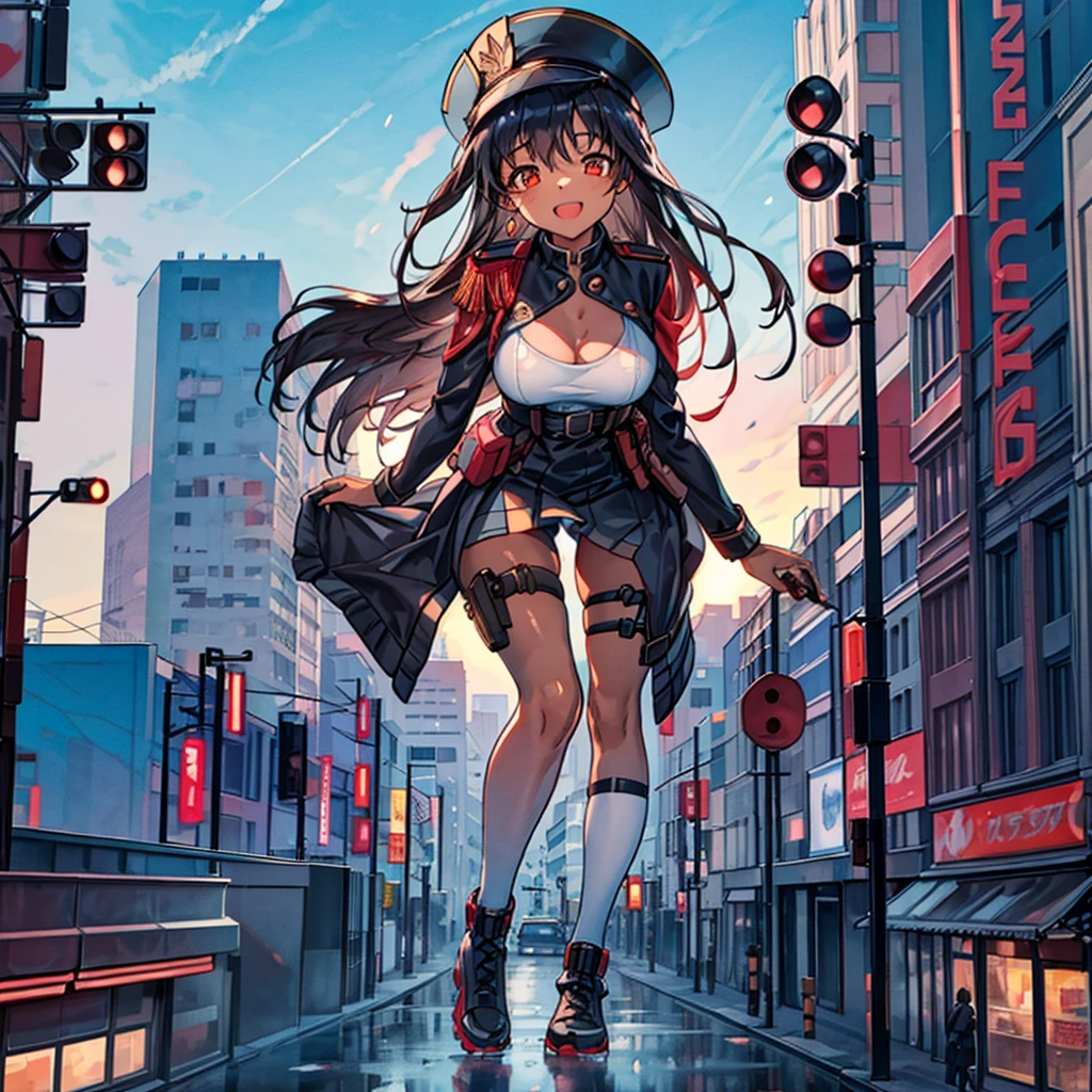 Composition viewed from below ((evening)) ((sunset)) cumulonimbus masterpiece Anime Style Delicate painting 4K 90's giant 複数のcrowd ((Black Hair)) ((Sunburn)) ((Brown skin)) Metropolis crowd Crowd of people ((A giant girl in military uniform standing in the valley between skyscrapers)) Metropolis Tokyo Akihabara Electric Town Big Breasts Her underwear is visible Sweating profusely Splash Military boots Black Stockings military cap Guard Belt Pistol White socks watch Black Hair smile female giant giant girl Whole body Crowd Unreal Engine,cleavage ,a drawing of a , earrings, long hair,Cute picture Beauty Analog style whole body sneakers