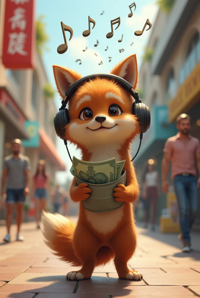 A brown wolf,Realistic and cute,Standing,Wearing headphones and listening to music,Musical notes are on top of the head,Shopping mall background,Money falls out of the pocket,Money falls to the ground