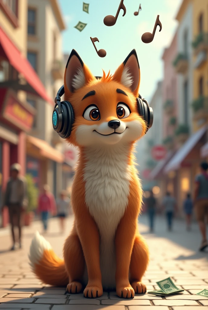 A brown wolf,Realistic and cute,Standing,Wearing headphones and listening to music,Musical notes are on top of the head,Shopping mall background,Money falls out of the pocket,Money falls to the ground