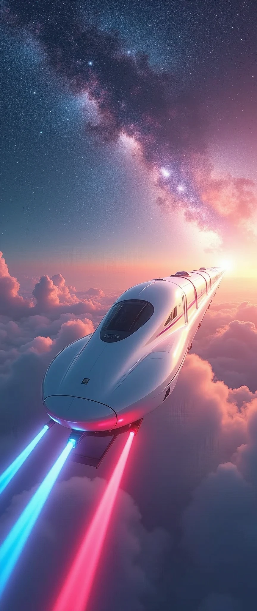 A train-shaped spaceship heads towards the galaxy,(Interstellar Railroad),A train appears from inside the clouds,The train is floating in the air.,(The train runs over the rainbow-colored laser guidance lights.:2.0),sf,(A sleek, white aircraft like a Shinkansen (bullet train):2.0),(The background is the universe and the Milky Way:1.6),masterpiece,Highest quality,Ultra-high resolution,(Super detailed),8k,Realistic,DSLR Canon style,(dynamic,Big impact,Shooting from below:1.2)