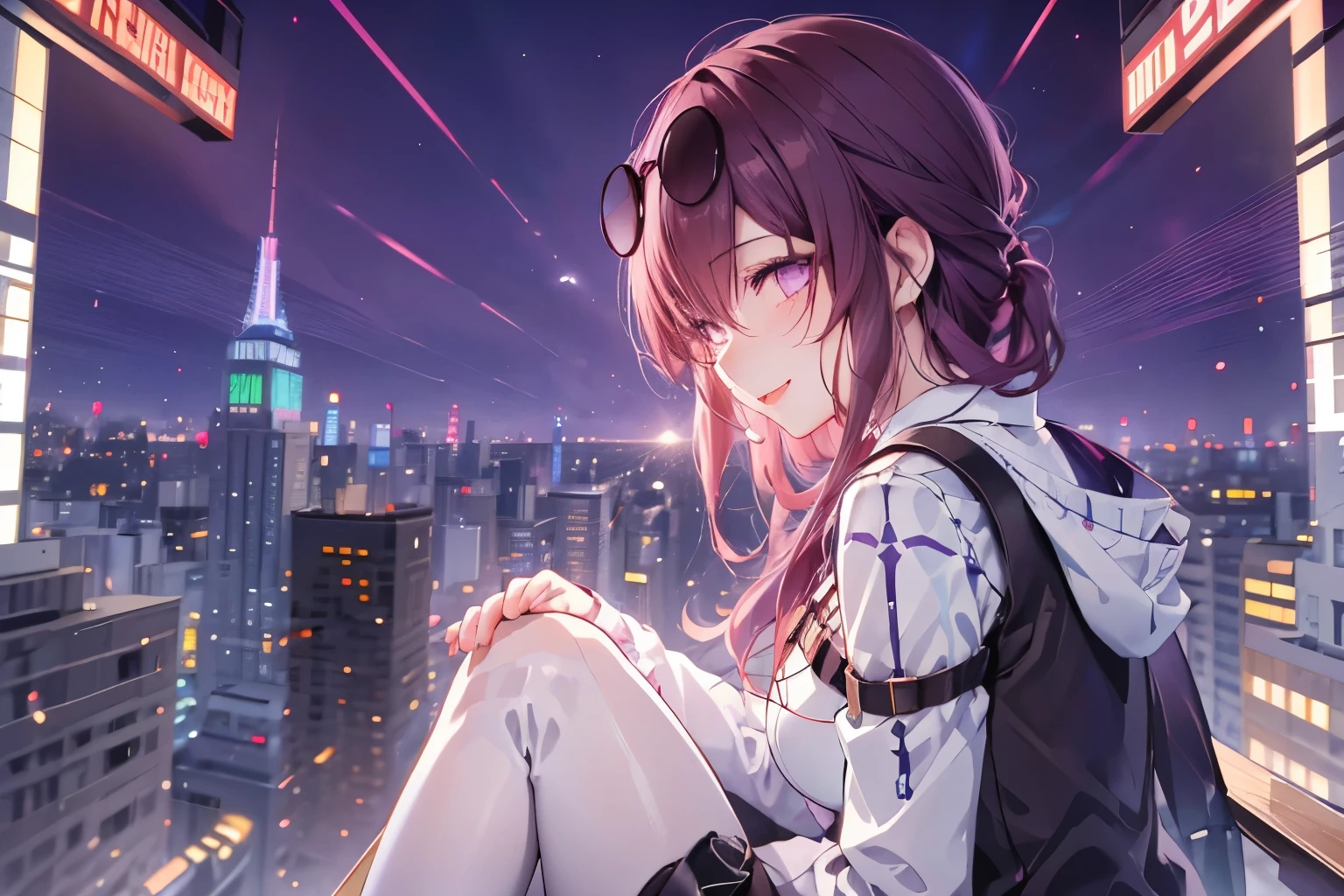 Kafka looking down at the city lights from a building,Oblique view from above,(masterpiece, Highest quality, Highest quality, Official Art, beautifully、aesthetic:1.2), (One person), Big purple eyes, Very bright、Fair skin、amazing、Flawless、Shine、wealthy、Shiny white skin, Flawless肌,Very cute smile, Laughing with your mouth open,Bright pink blush on cheeks, Show your whole body from head to toe,Wear glasses on your head,Hollow Eyes,pantyhose,{{{Night view}}},Full body portrait,profile,back