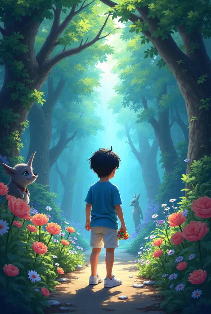 a boy with black hair, black eyes, wearing a blue shirt and white shorts and white sneakers with a toy in his hand, magical transition to the enchanted forest, with vibrant colors and magical creatures.