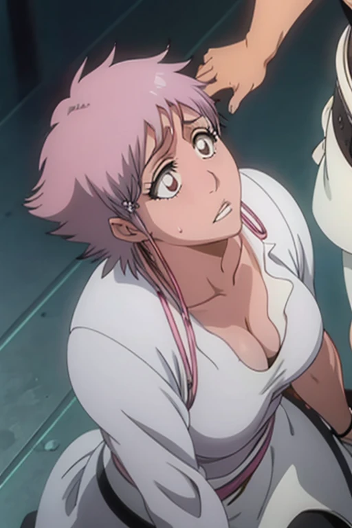 Large Breasts, whole body,Thighs,A slight blush, High resolution,masterpiece, Highest quality, High detail, Highly detailed CG illustration,pink-toned beautiful white skin,Clear white skin,Pink lips,beautiful,High-resolution model,sitting,spread legs,Looking up blushing,burn,sweaty,embarrassed,short hair,looking at camera,ass,pov, subjective,nurse(pink)