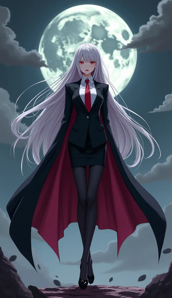 The woman vampire red eyes, long white hair, 

She wear the long black coat inside the black coat has carmine color, black suit, white shirt, red necktie, long black pencil skirt, black tights, black high heels.

black grey sky, fantastic night sky, moon, cartoon anime, 4K, HD