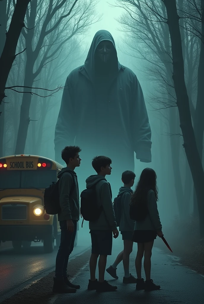A somber and mysterious setting. No fundo, the dense and dark Devil’s Tramping forest, with tall, twisted trees shrouded in fog. a school bus, partially visible, parked at the edge of the road leading to the forest.
En el centro de la imagen, A group of four young people, 3 boys and 1 girl, are in an alert pose., looking with an expression of concern and fear. Jack is ahead, with an expression of urgency.
Above the group, a menacing silhouette with a mask and a bloody knife, partially obscured by fog.