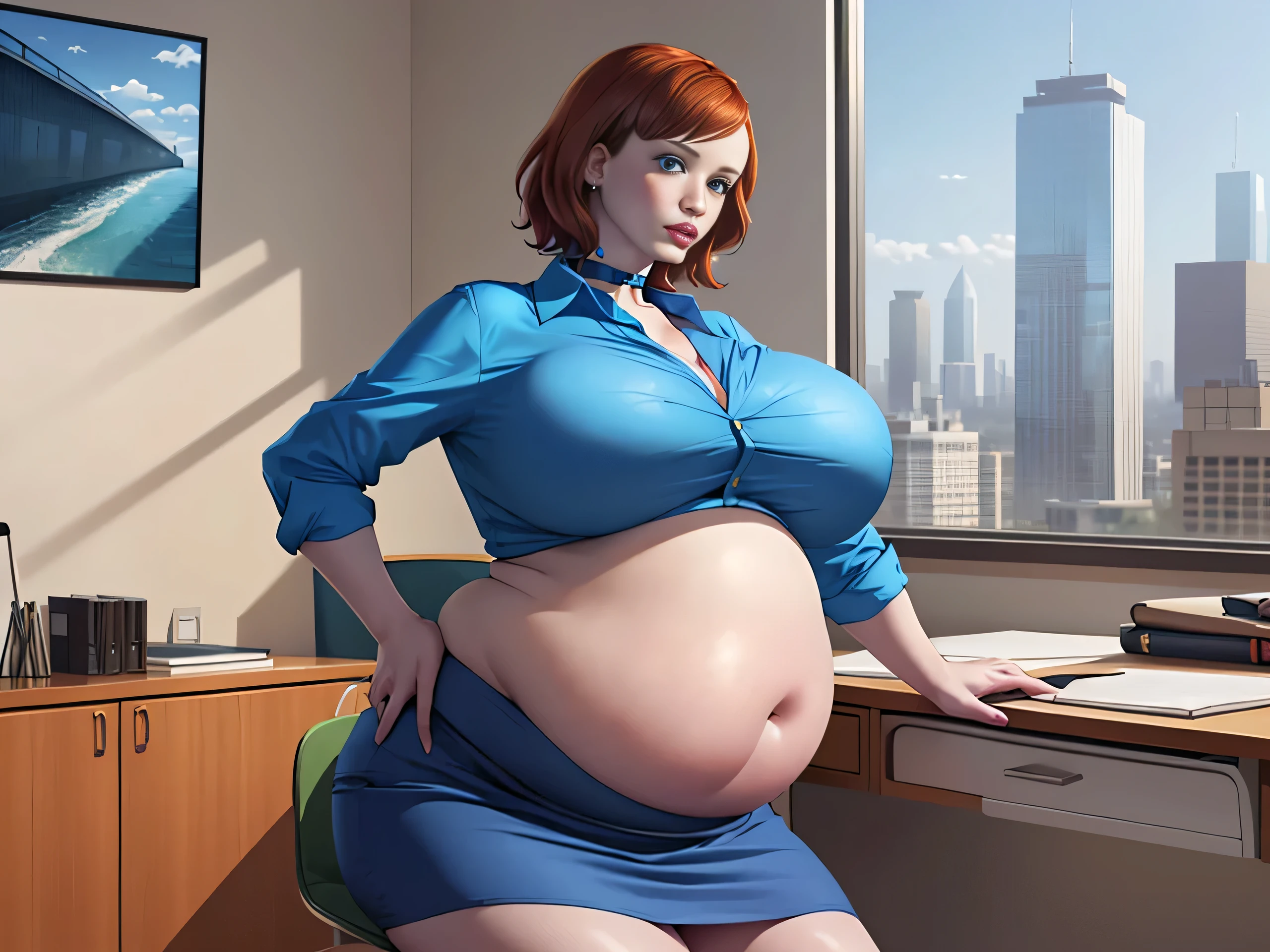 Christina Hendricks, (Christina Hendricks:1.5), masterpiece quality, (masterpiece quality:1.3), detailed, realistic, (realistic:1.3), 1girl, solo, (solo:1.9), alone, in a 1960s office, office desks in background, window of cityscape in background, short hair, wearing choker collar, secretary, wearing blue blouse, (blue blouse:1.9), wearing blue skirt, (blue skirt:1.5), chubby body, chubby belly, (chubby belly:1.5), big breasts, (big breasts:1.5), 