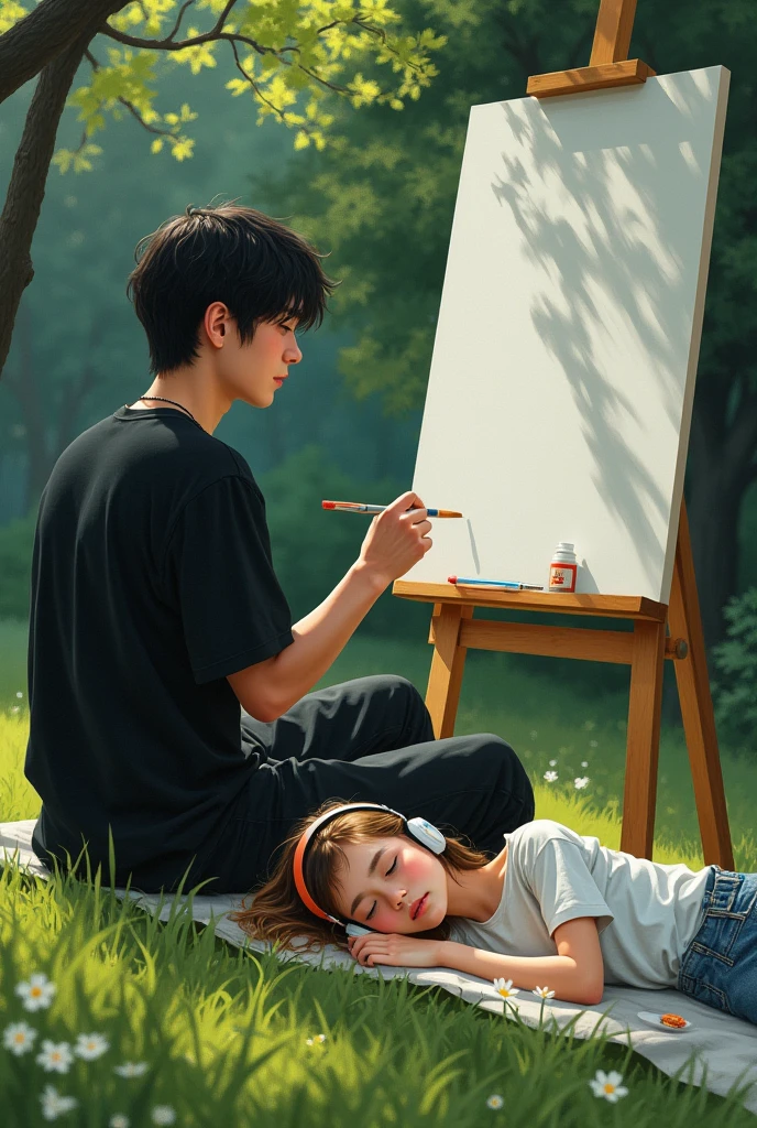 A tall teenager with medium-length black hair, dressed in black, and handsome by nature, painted a blank canvas. A girl lay in the grass, wearing headphones and listening to music.



