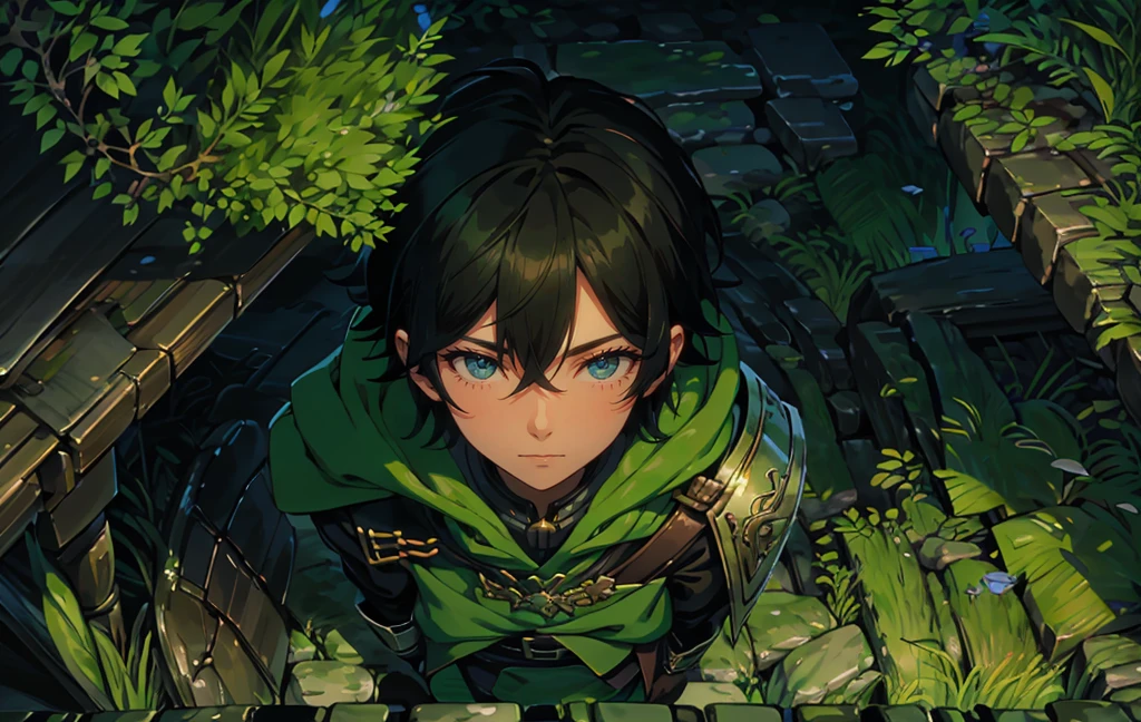 yuichiro hyakuya, (WithoutFear:1), 1 boy, black hair, green eyes, brown coat, gray armor, green shield, green cloak, dark brown gloves, town, white fur trim, tall, anime, standing, good quality, portrait, looking at viewer