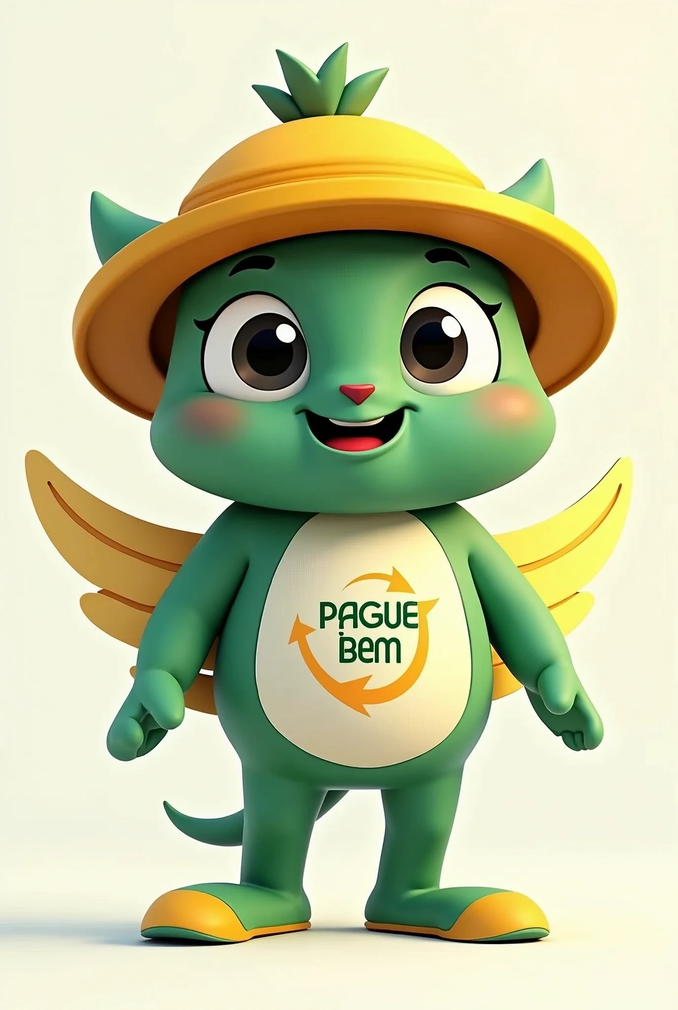 Create a mascot for the startup Pague Bem Brasil, a fintech focused on automated billing solutions and efficient communication with clients through channels like WhatsApp. The mascot should represent the company's values: innovation, efficiency, accessibility, and a friendly yet professional approach. The design should be inspired by the colors and style of the company’s official logo, which uses green, yellow, and white, and the Pague Bem Brasil logo should be prominently displayed on the mascot's chest.
The mascot should have a modern and approachable appearance, embodying the culture of the Northeast region of Brazil by wearing a traditional 'chapéu de cangaceiro.' It should have a friendly face with expressive eyes and a big smile. The design should include elements that symbolize efficiency and agility, such as a lightning bolt or subtle dynamic lines.
The mascot should also have the ability to fly, with subtle wings or another creative flying feature, symbolizing its role in swiftly assisting clients on the platform. The character should be versatile, able to adapt to different situations from friendly interactions to more formal moments. The overall color scheme should be green, yellow, and white, consistent with the company’s branding