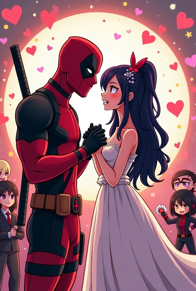Deadpool and Kuromi cartoon getting married at a wedding